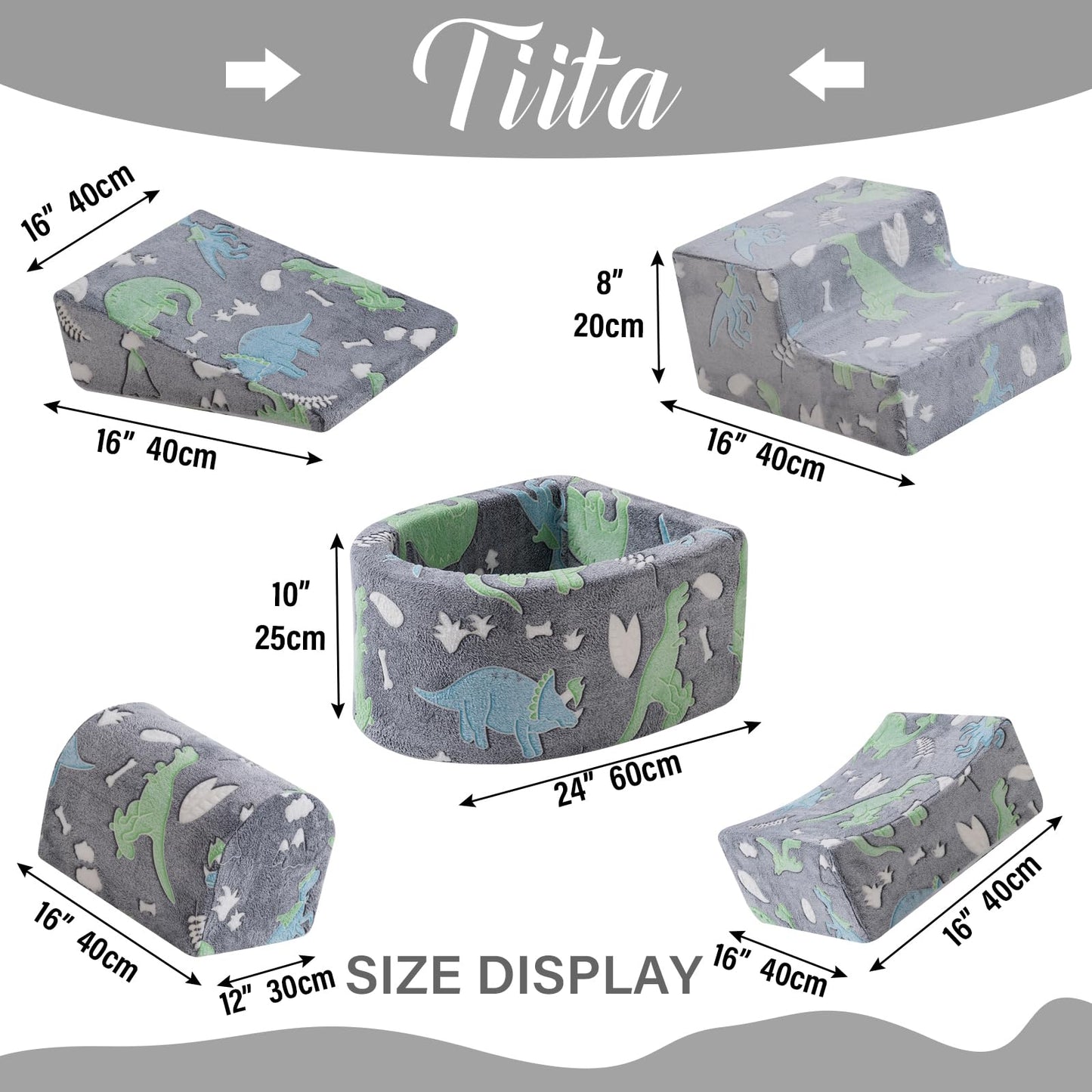Tiita Baby Climb and Crawl Playset 5-Piece, Kids Foam Climbing Block with Small Ball Pit - Indoor Soft Play Climber for Playtime Fun, Grey Star, Green Dinosaur