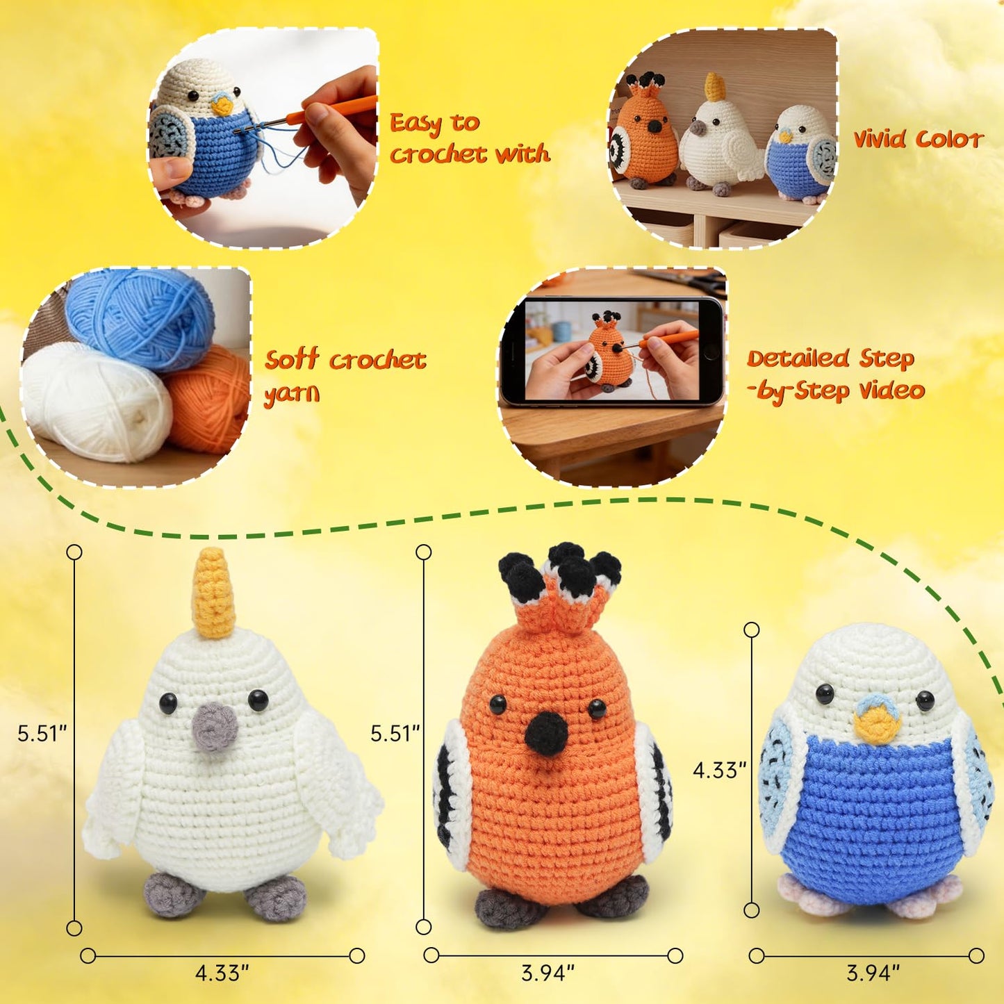 GONELYON Crochet Kit for Beginners, Crochet Kit for Beginners Crochet Starter Kits for Adults and Kids with Step by Step Video, 3 Kawaii Parrots DIY Yarn Plush