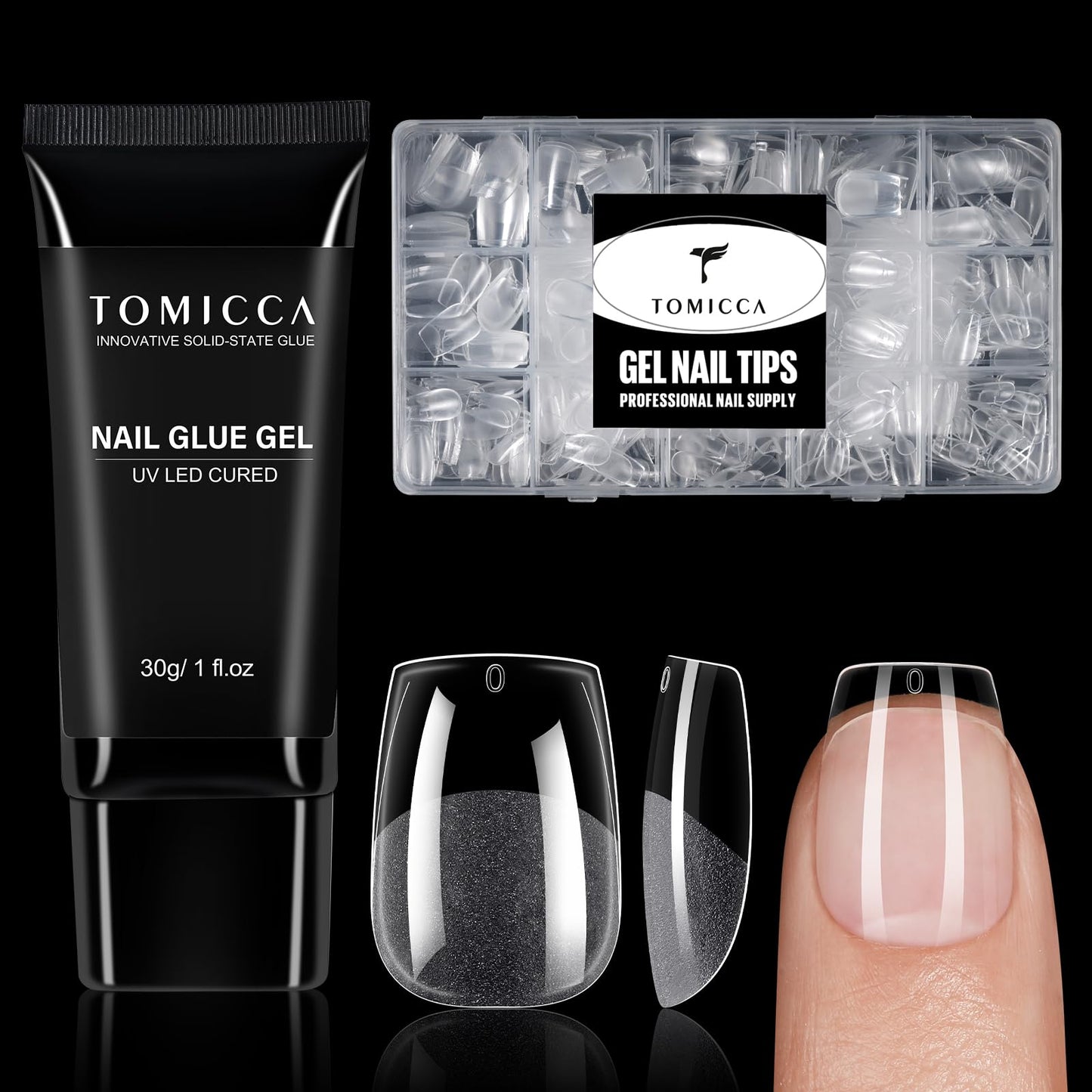 TOMICCA 240Pcs Extra Short Coffin Nail Tips & 4 in 1 Nail Glue 30g