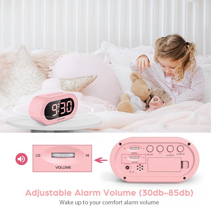 REACHER Pink Dimmable Digital Alarm Clock for Girls Bedrooms