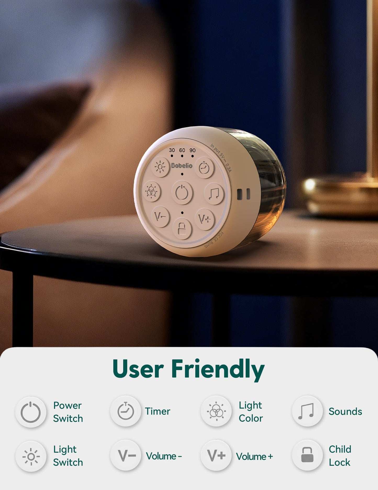 Babelio Pocket Glow White Noise Sound Machine - Upgraded 7 Color Night Lights, 20 Non-Looping Sounds, Timer & Memory Function, Portable for Adults & Babies, Black