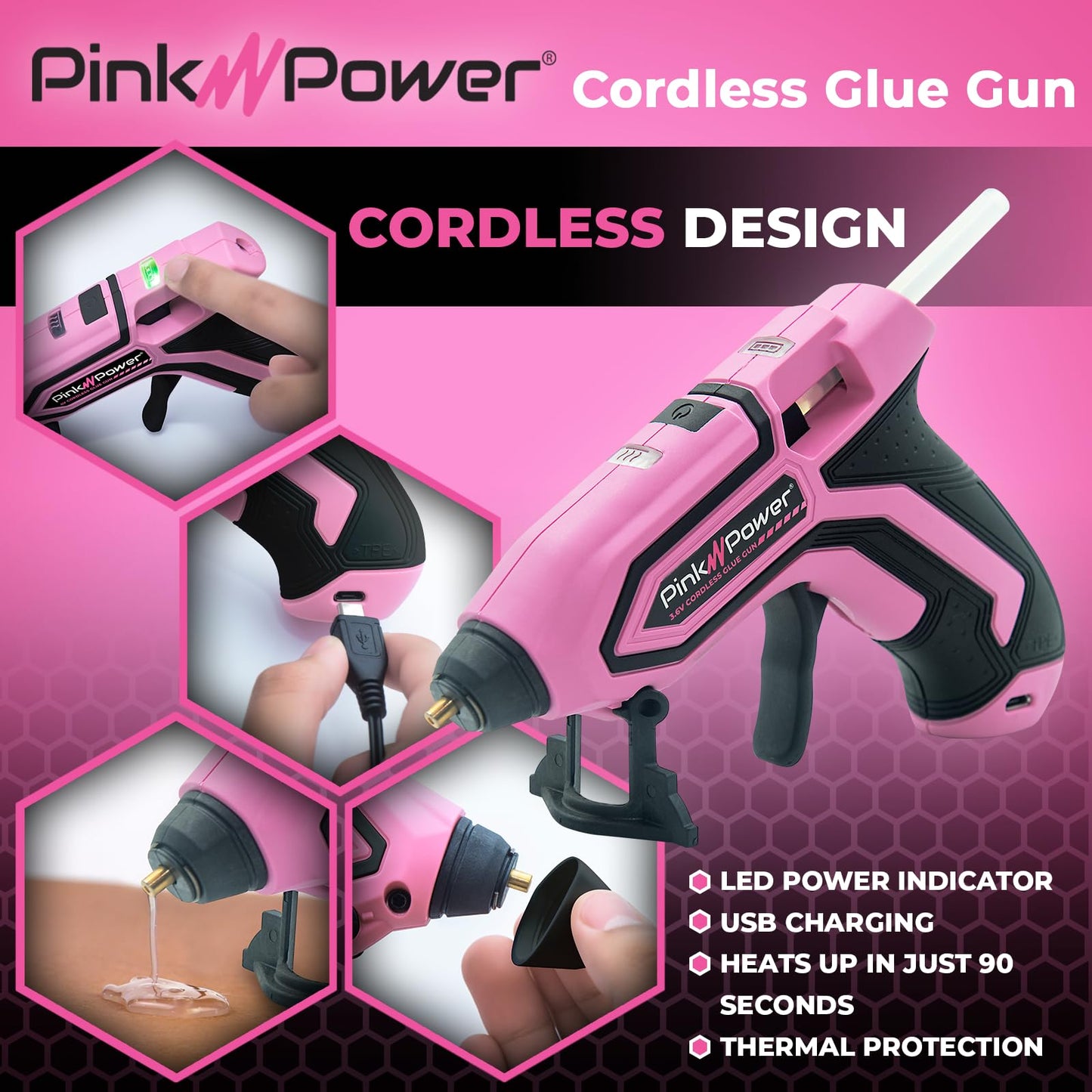 Pink Power Mini Cordless Hot Glue Gun Kit with Stand – 20 Sticks, Battery Powered, Wireless, Fast Heating, USB Rechargeable, Portable Glue Gun for DIY Crafts, Home Repairs, and School Projects