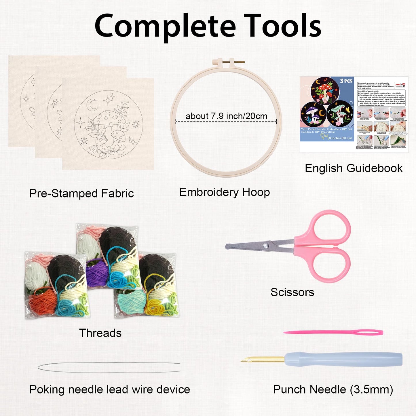 Nuberlic 3 Pack Punch Needle Kits for Beginners Mushroom Embroidery Pattern with Hoop Embroidery Punch Needle Starter Craft Set, Perfect Handmade Gift for Adults & Teens (Beginner-Friendly Crafts)