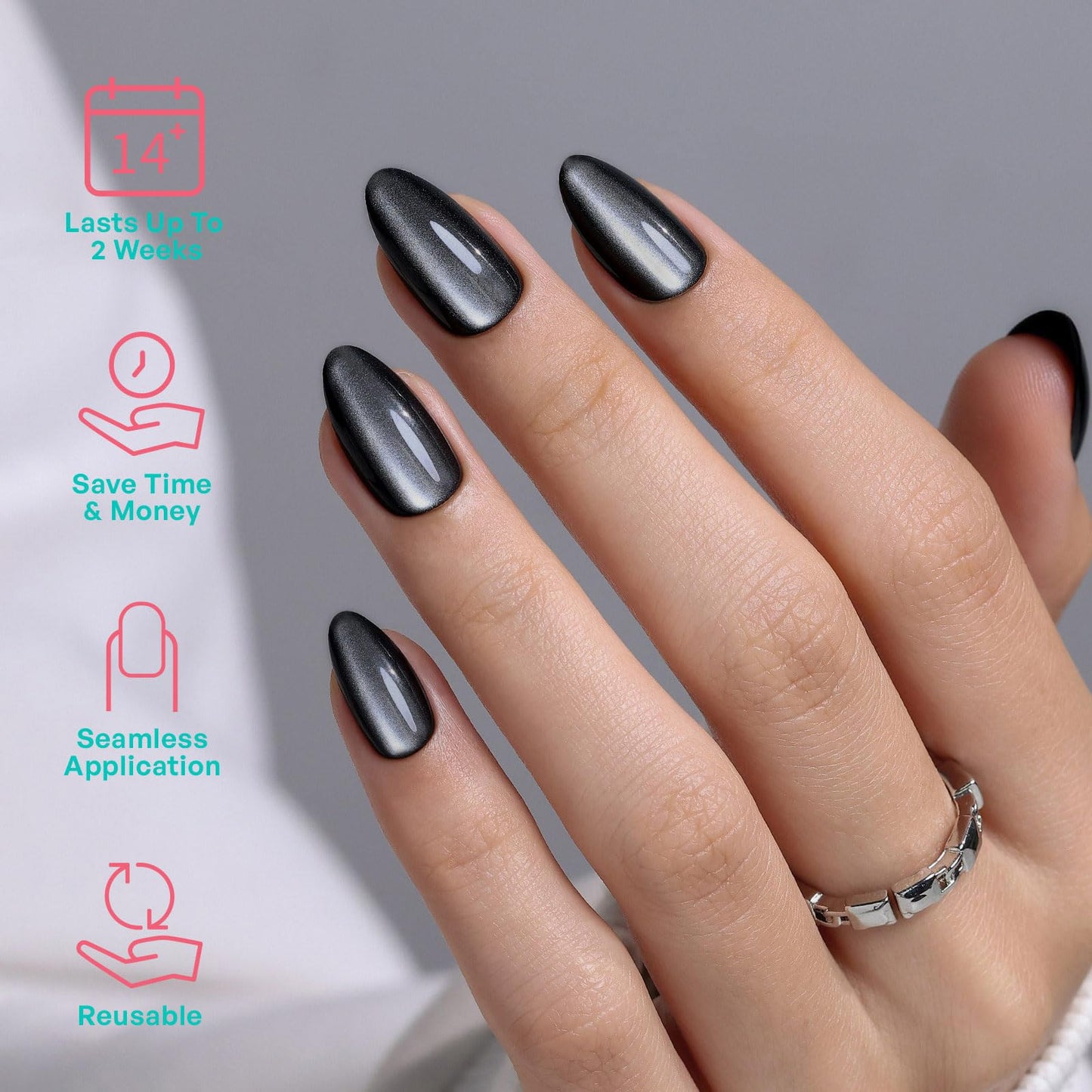 Black Cat Eye Press On Nails Short - GJZEZ Soft Gel Almond Galaxy-Like Shimmer Cool Goth Press On Nails for Women, Winter Halloween Stick On Nails in 16 Sizes - 32PCS Reusable Glue On Nails, Ink Noir