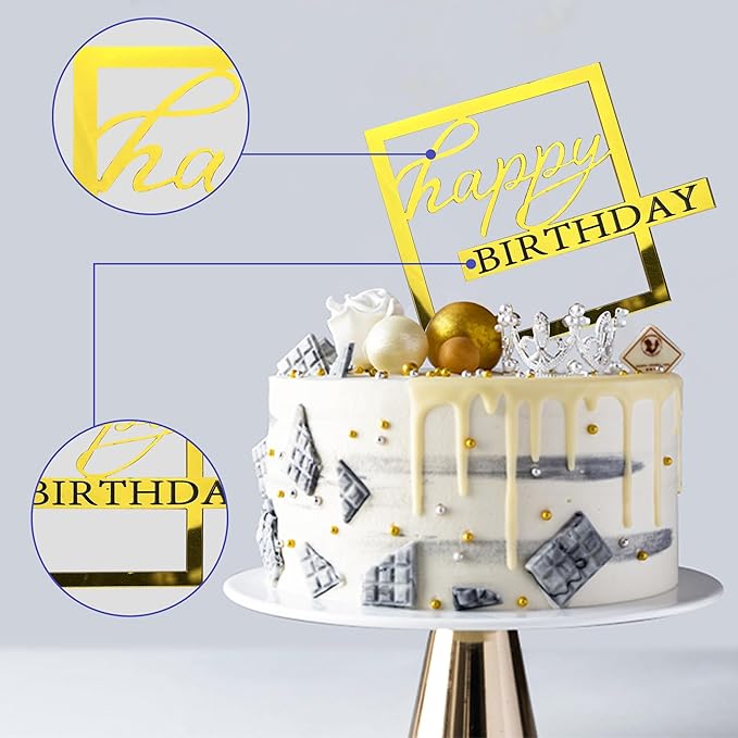 15Piece Gold Happy Birthday Cake Toppers Acrylic Mirror Inserts for Cakes Cupcakes Desserts 15 Styles