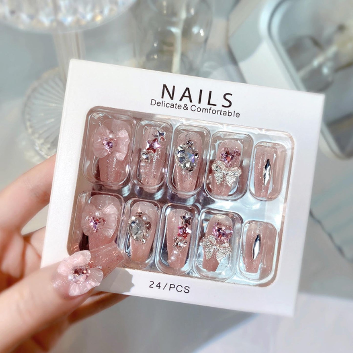 Hkanlre 3D Press on Nails Medium Fake Coffin Nails Tips Full Cover Luxury False Nails for Women and Girls 24PCS