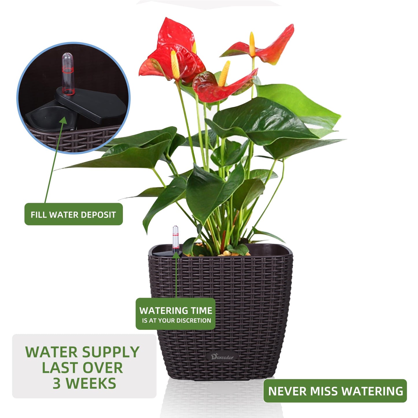 Dexceder 9x8 Self Watering Planter Indoor Outdoor, Inner Mat Design, Thickened Table Flower Plant Pot with Water Level Indicator (Brown Rattan)