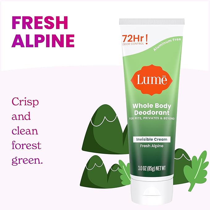 Lume Whole Body Deodorant - Invisible Cream Tube and Solid Stick - 72 Hour Odor Control - Aluminum Free, Baking Soda Free, Skin Loving - 3.0 Ounce Tube and 2.6 Ounce Solid Stick Bundle (Fresh Alpine)