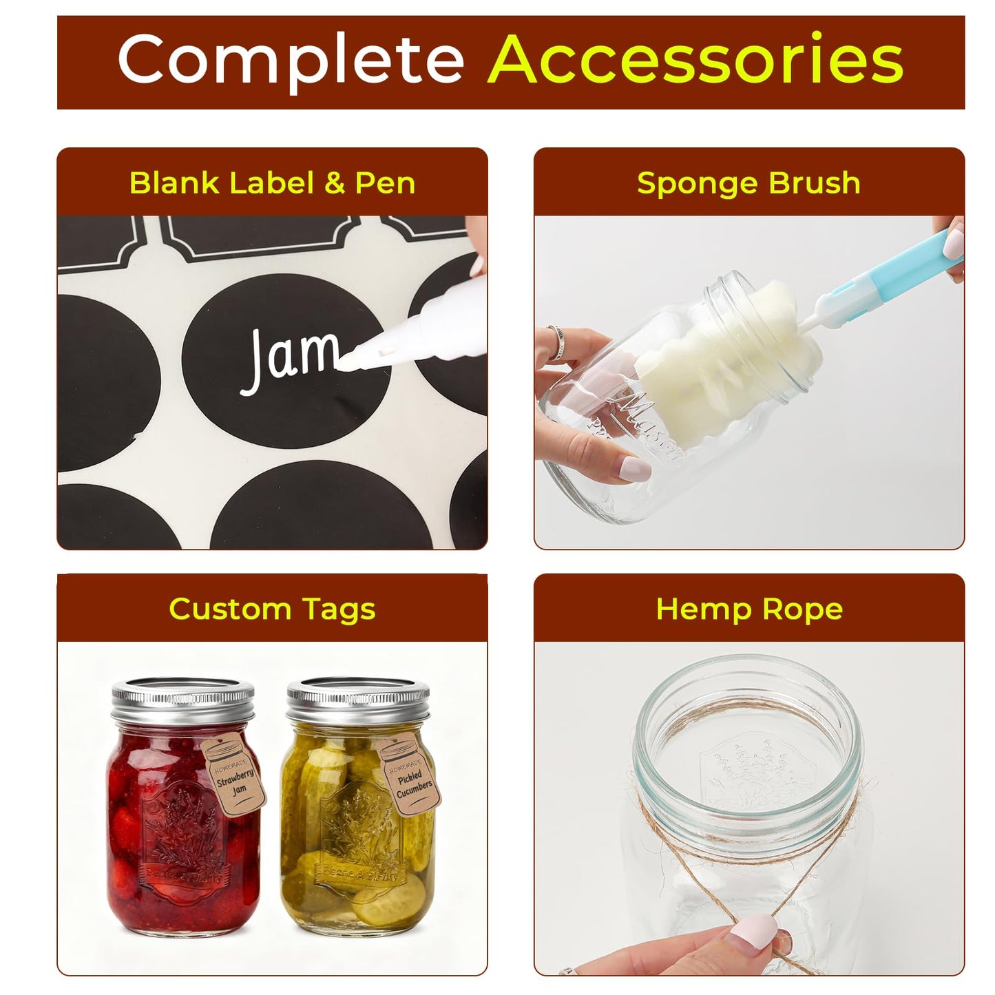 CycleMore 9 Pack 16 oz Mason Jars with Airtight Lids - Embossed Pint Glass Canning Jars for Pickling, Food Storage, Wedding Favors & DIY Crafts - Regular Mouth Design with Labels & Jute String