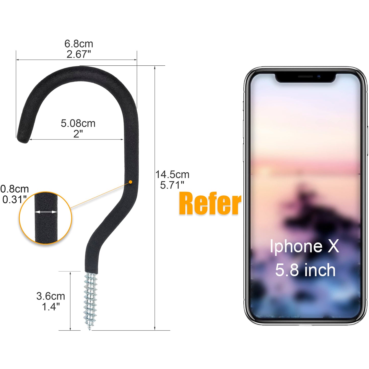 KURUI Heavy Duty Screw in Hooks for Hanging, 12 Pack Bike Hooks for Garage Wall with Screw Anchors, Wall Mount Bicycle Storage for Ceiling, Large Black Plant Hooks for Ceiling