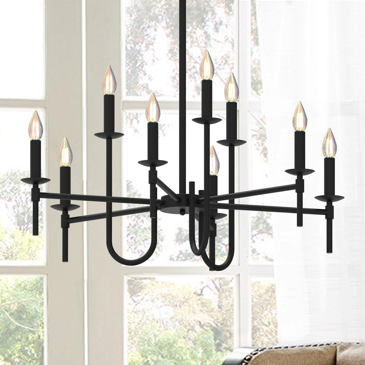 Farmhouse Black Chandelier, Modern Candle Hanging Lamp, Round LED Ceiling Pendant Lights for Kitchen Island Living Room Bedroom Dining Room (Black-B 9Lights)