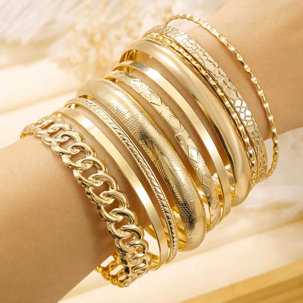 RINTOLER 10Pcs Gold Bangle Bracelets Set for Women - Multi Layer Stackable Textured Chunky Bracelets Indian Bangles Boho Jewelry Set (B-10PC-Gold)