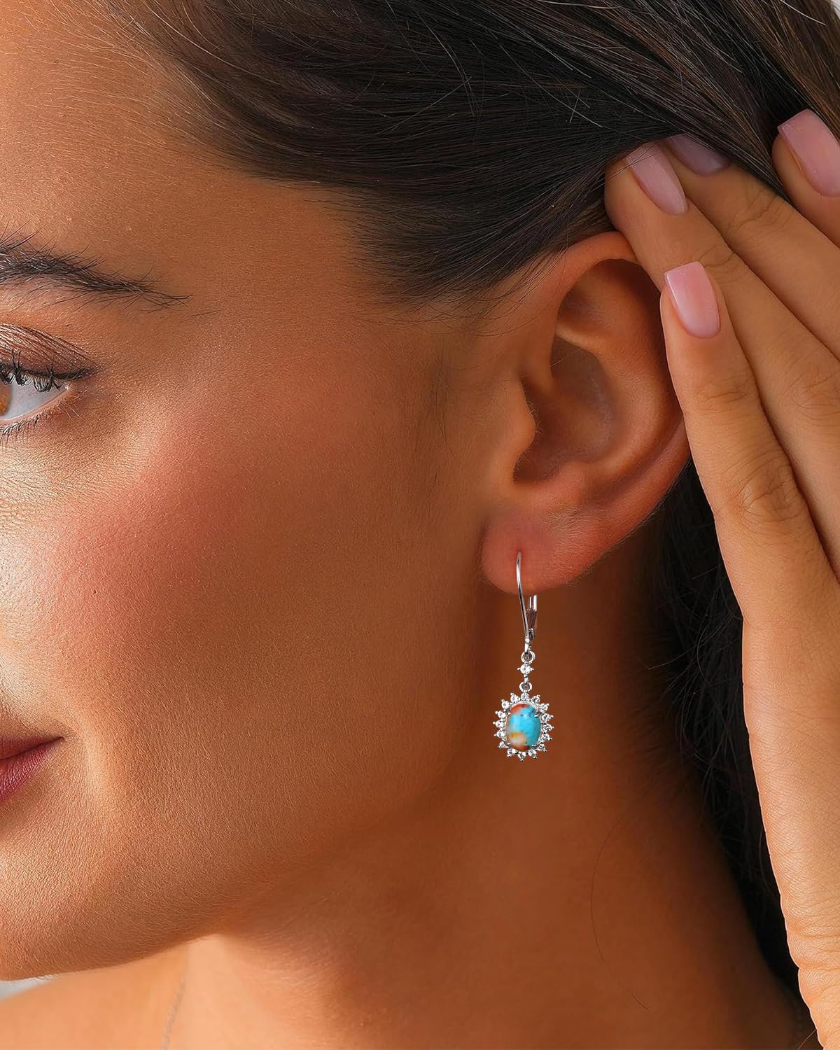 AIBAO Orange Turquoise Dangle Earrings Western Jewelry for Women Oval Cut Gemstone Snowflake Dangling Earrings Sterling Silver Turquoise Earrings