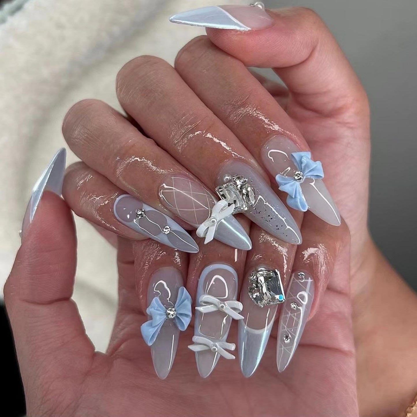 Bow Press on Nails Blue Fake Nails Long Stiletto False Nail with Diamond Design French Tip Glue on Nail Glossy Full Cover Artificial Acrylic Stick on Nails for Women Manicure 24Pcs