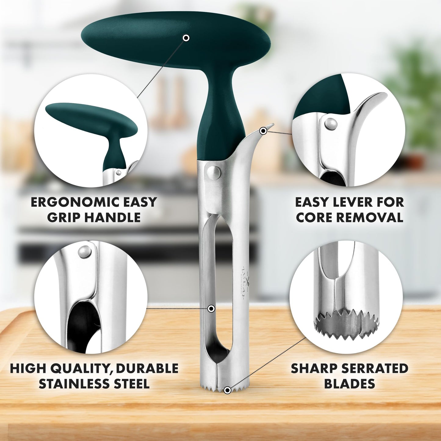 Zulay Kitchen Ultra Sharp Apple Corer Tool - Stainless Steel, Sharp & Serrated Blade Cores in Seconds - Easy to Use & Clean, Durable Apple Core Remover for Apples & Small Fruits - Dark Teal