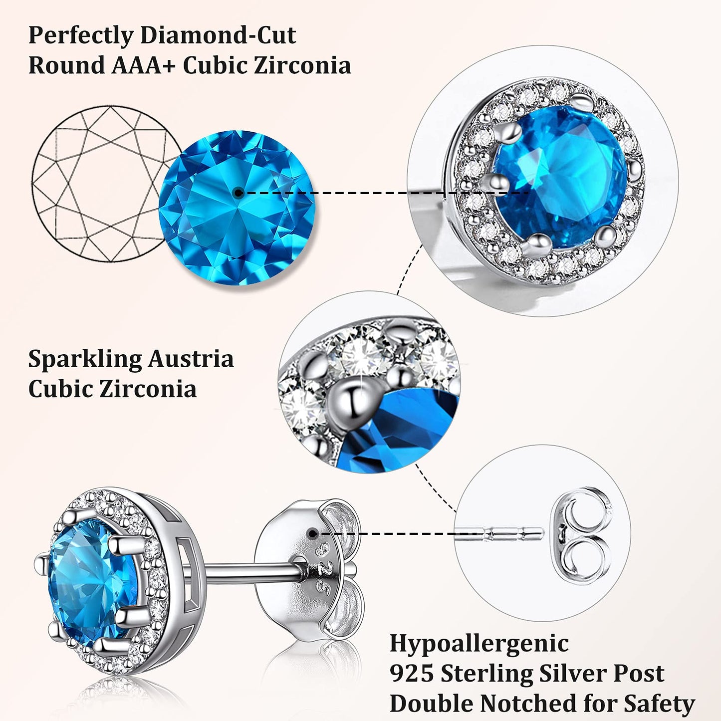 Bestyle CZ Round Diamond Stud Earrings 5mm December Blue Topaz Birthstone Solitaire Earrings, 925 Sterling Silver Earrings Jewelry Gift for Wedding Anniversary Birthday