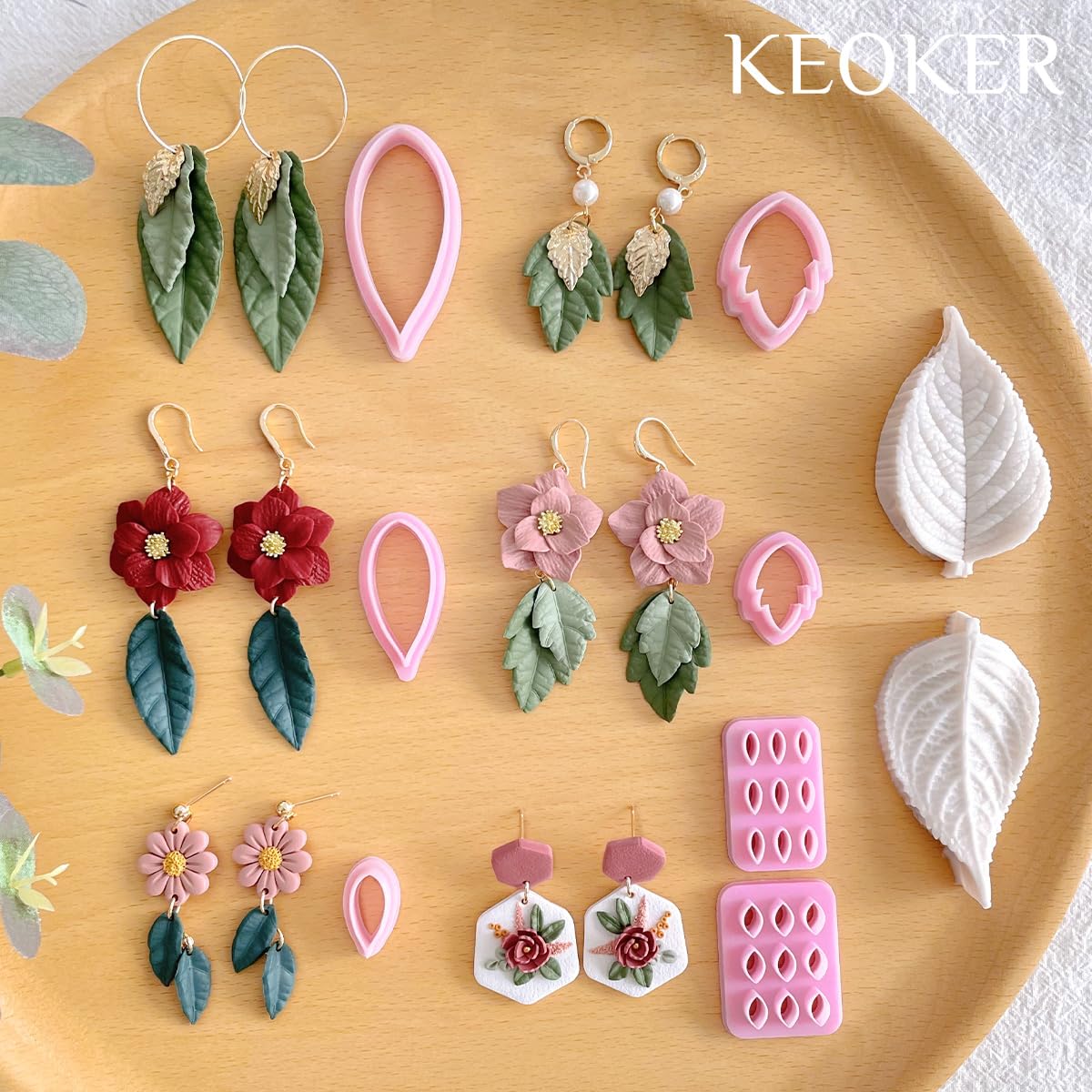 Keoker Leaf Clay Cutters Set, 7 Shapes Polymer Clay Leaf Cutters with Polymer Clay Press Mold, Polymer Clay Earring Molds, Spring Polymer Clay Earring Cutters, Polymer Clay Earring Tools