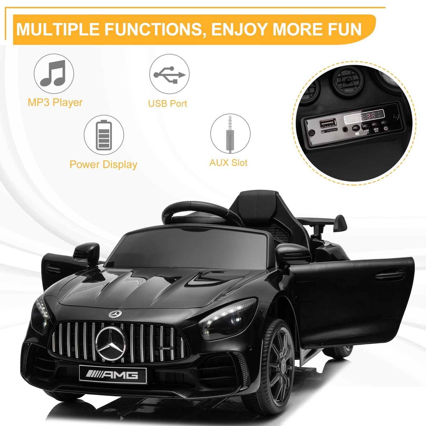 Winado 12V Ride on Car, Licensed Mercedes Benz AMG GTR Battery Powered Electric Vehicle, w/Parent Remote, Wider Seat, LED Lights, Openable Doors, MP3 Player, Smooth Start, 3 Speeds - Black