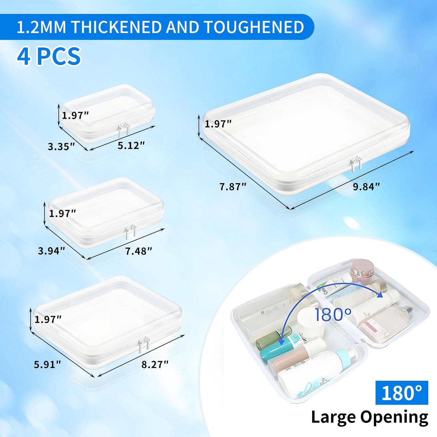 TQXOFDV Clear PET Plastic Storage Boxes with Double Zippers, 4 Sizes (S/M/L/XL) Waterproof Organizer Cases for Toys, Cosmetics, Snacks, Travel Essentials (White)