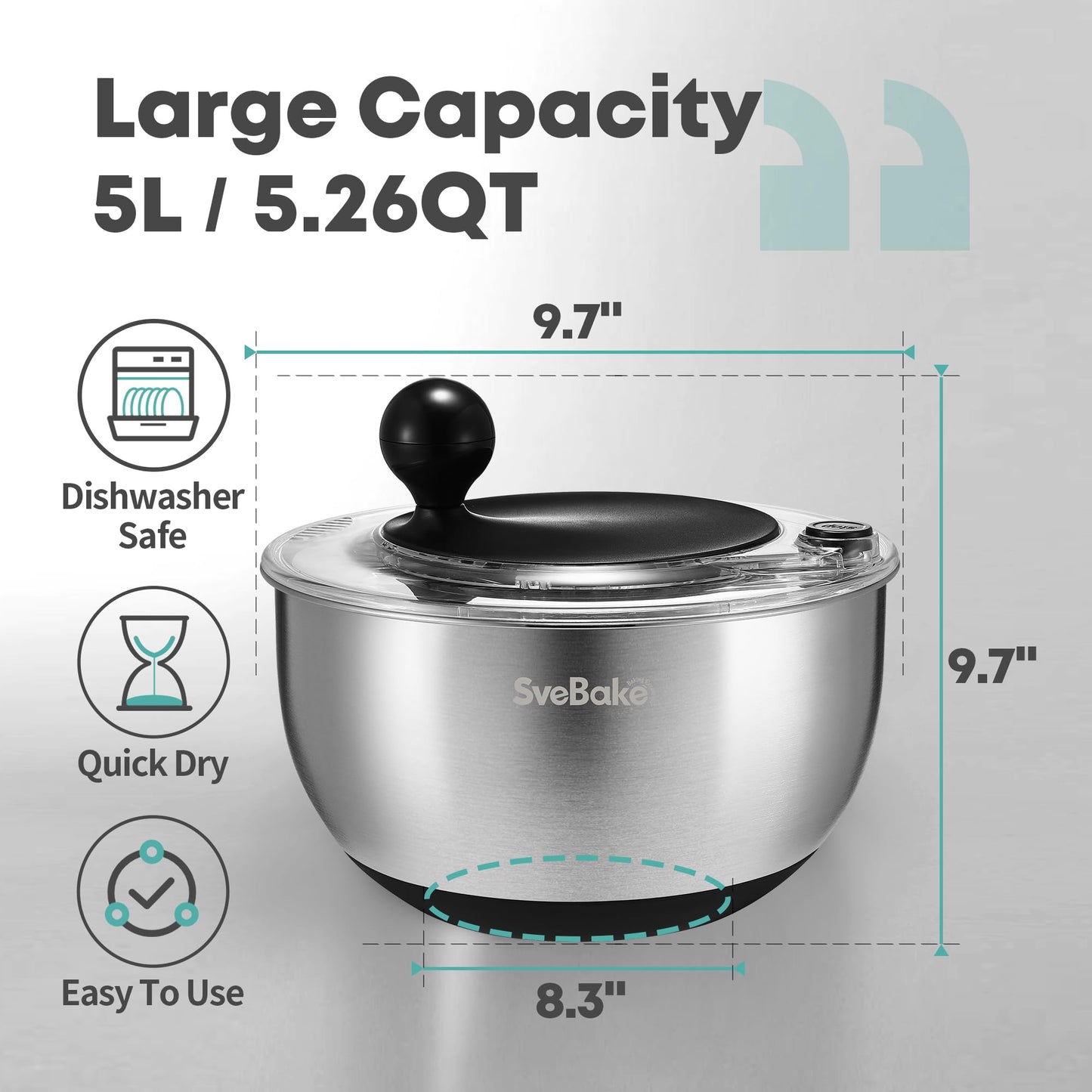 SveBake 5.3Qt Stainless Steel Salad Spinner with Stop Button, BPA-Free Vegetable Lettuce Spinner, Transparent Lid & Drainage Hole, Non-Slip Base, Dishwasher Safe Fruit Washer