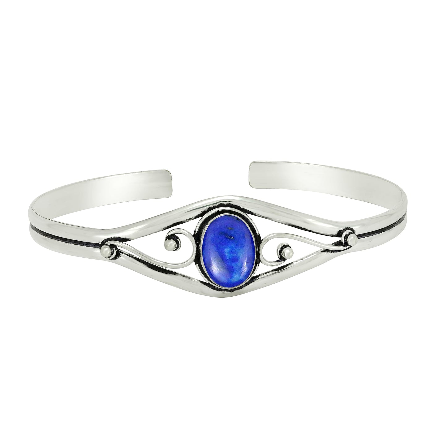 925 Silver Plated Natural Lapis Lazuli Cuff Bangle Bracelet for Women – Handmade Open Bangle – Blue Gemstone September Birthstone Statement Jewelry – Gift for Her