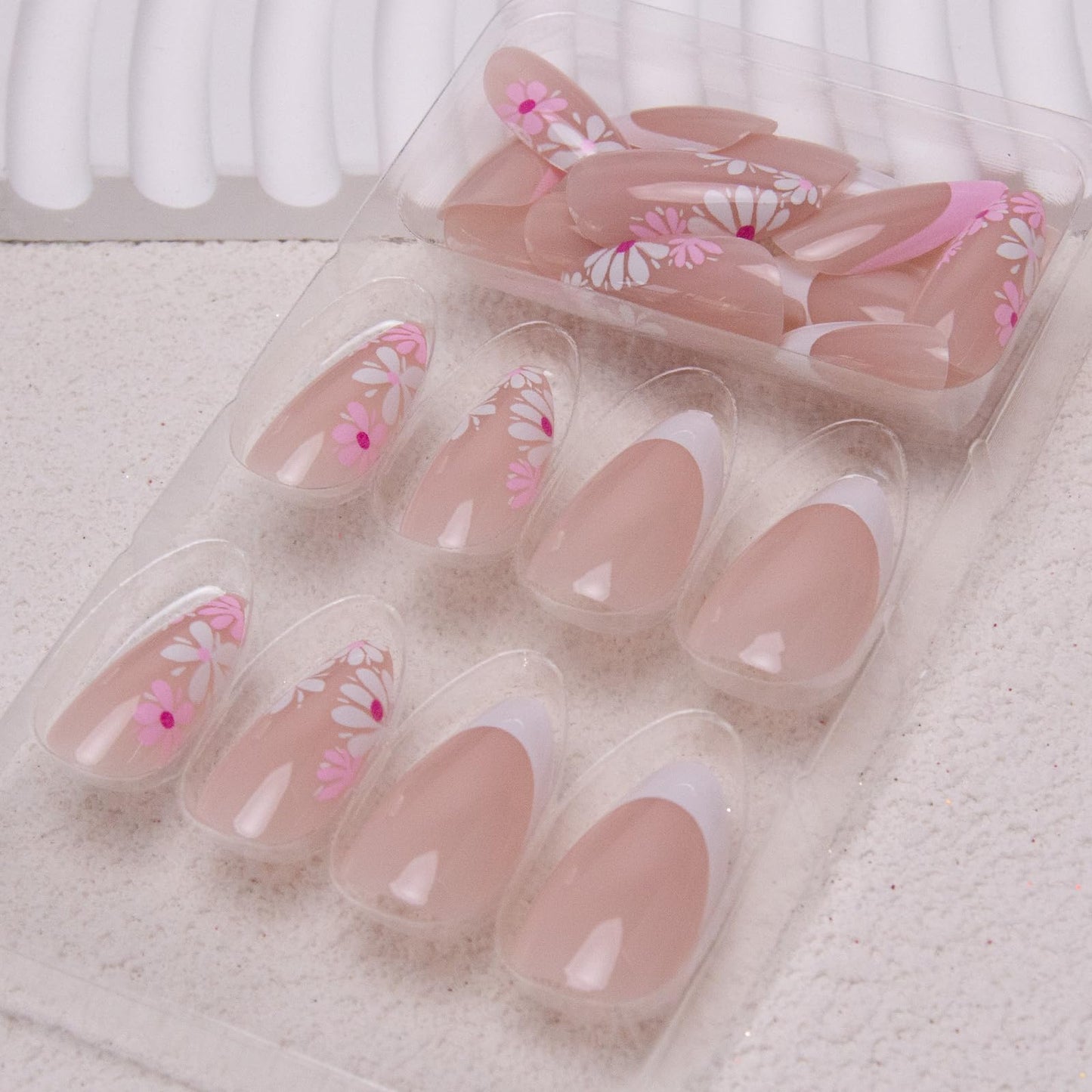 French Tip Press on Nails Medium Almond Fake Nails Spring Flowers Acrylic Nails Pink Floral False Nails Glossy Artificial Glue on Nail for Women Manicure Nail Decoration 24Pcs