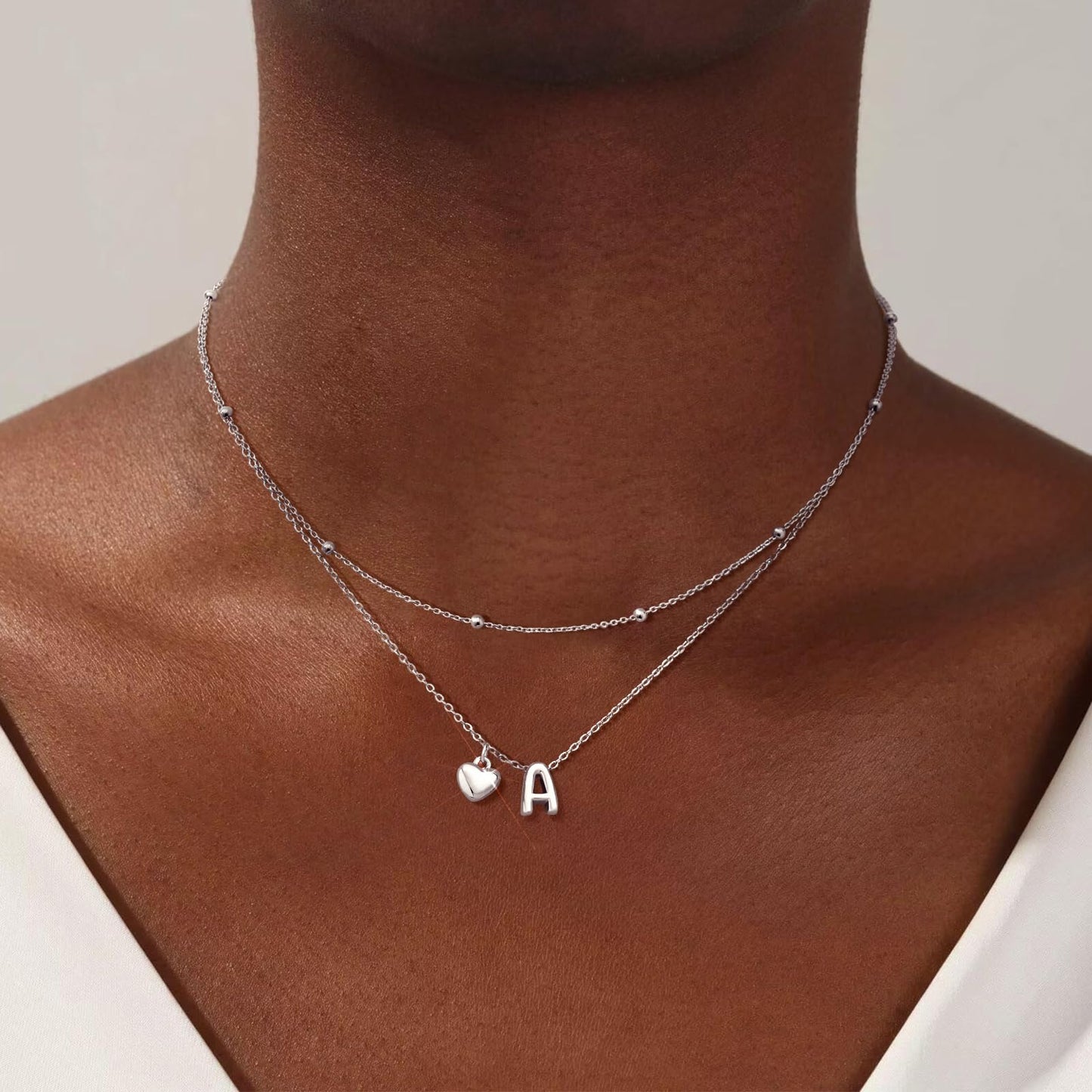 adoyi Silver Heart Initial Necklaces for Women 14k Gold Plated Layered bubble Letter Necklace Dainty Heart Q Pendant Necklace Stack Birthday Valentines Gifts for Women Jewelry