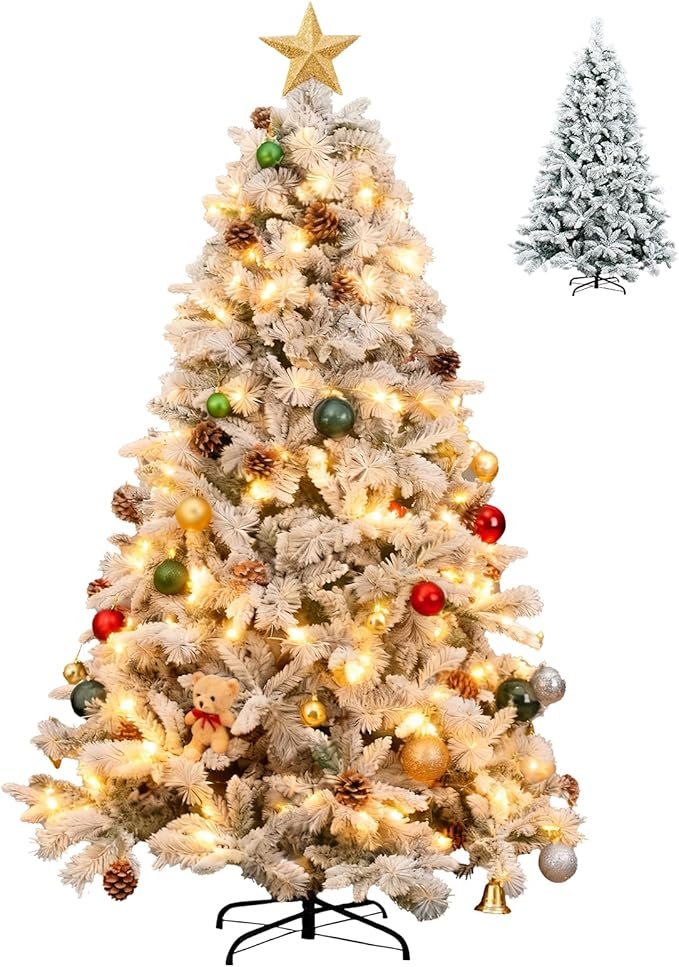 7Ft Warm Christmas Tree,Snow Flocked Artificial Hinged Holiday Christmas Pine Tree,Xmas Tree with 1400 Snow Flocked Branch Tips for Home,Office,Party Decoration