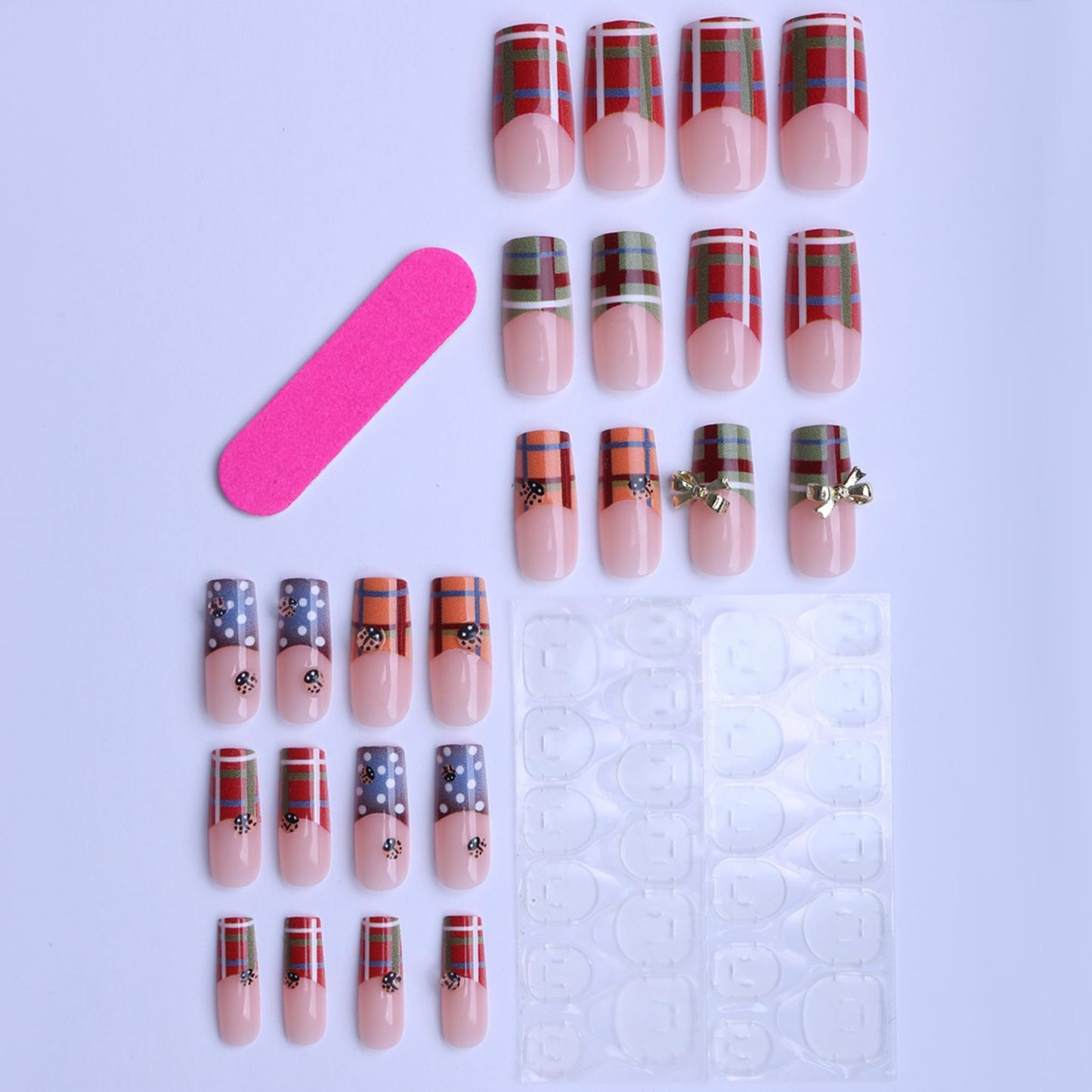 Long Press on Nails Square Fake Nails Red Artificial Nail Seeneey Gold Bow Designs CheckeredStick on Nail for Women 24pcs