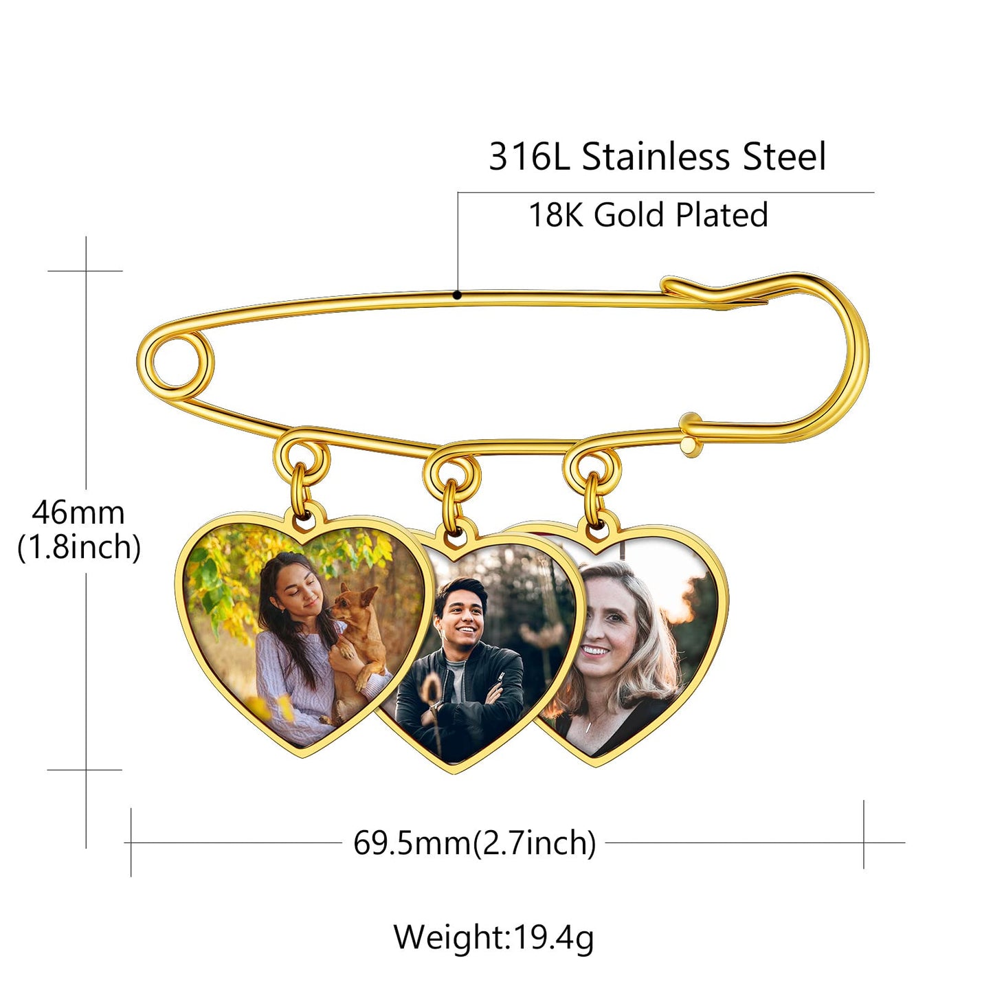 Custom4U Wedding Charms for Bouquet Custom 3 Picutres Customized Photo Pins Heart Shaped Memory Charm Funeral Boutonniere