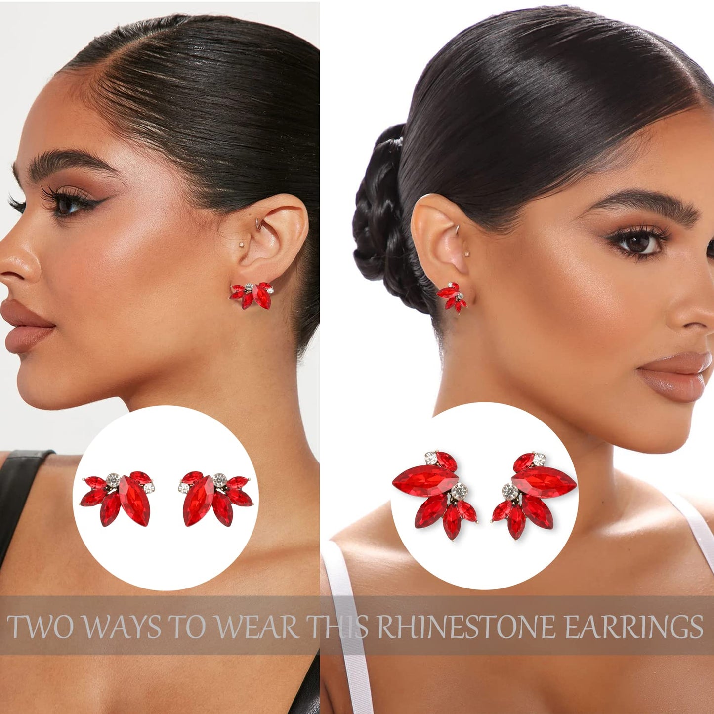 Red Rhinestone Earring Sparkly Faux Crystal Stud Earrings for Women Wedding Prom Party
