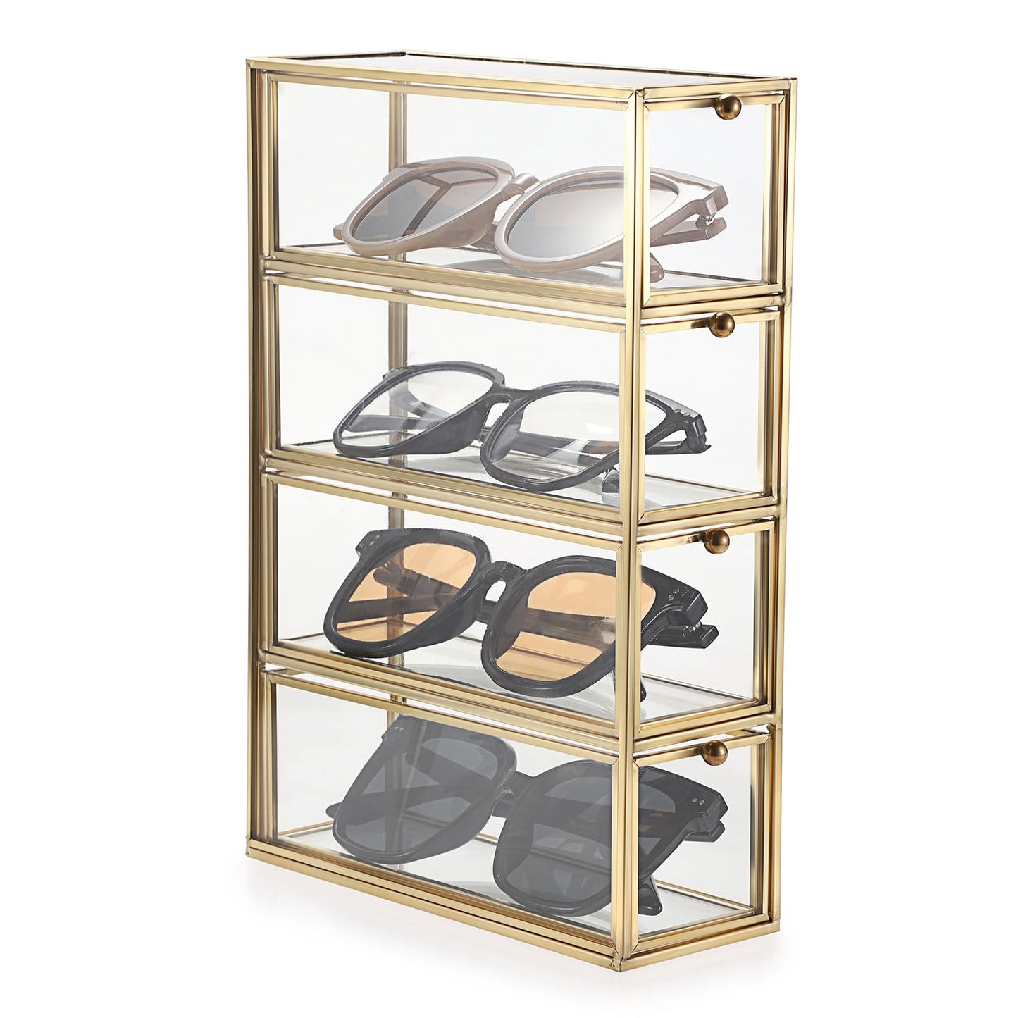 Hipiwe Sunglasses Organizer Box with 4 Drawers, Gold Metal Eyeglass Storage Holder Eyewear Display Case, Clear Glass Multiple Drawer Organizer for Glasses Jewelry Watch Vanity Makeup