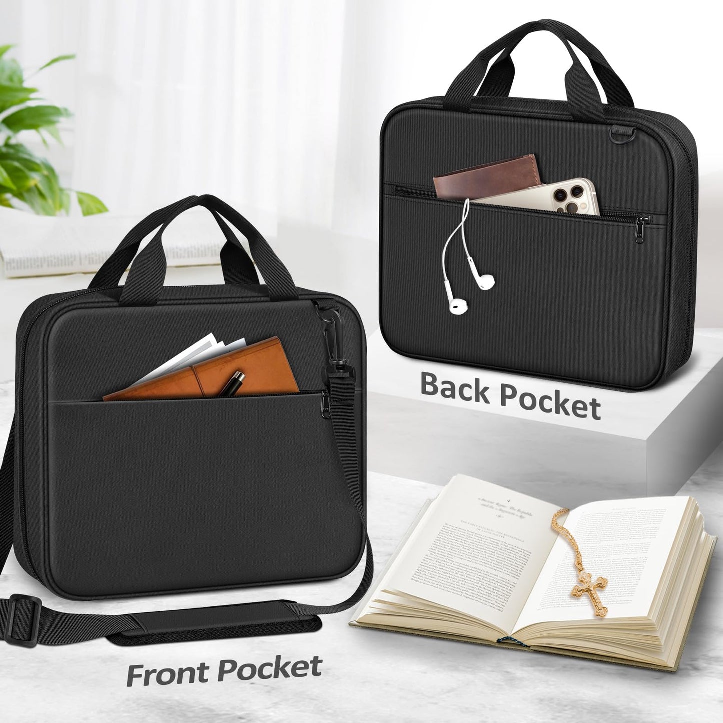 FINPAC Extra Large Bible Cover, Carrying Book Case Church Bag Bible Protective with Handle and Zippered Pocket, Gift for Men Women, Black