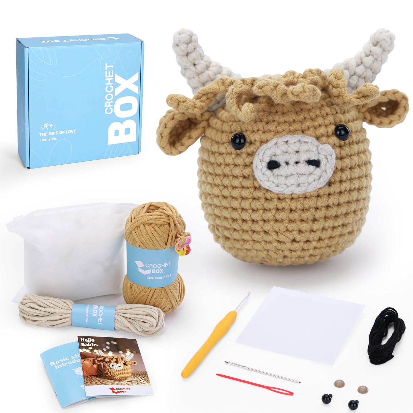 Crochet Kit for Beginners: Highland Cow Crochet Kit, Learn to Crochet, Include Easy Knitting Soft Yarn, Step-by-Step Video Tutorial, Hook, Holiday Birthday Gift for Adults and Teen(30%+ Yarn)