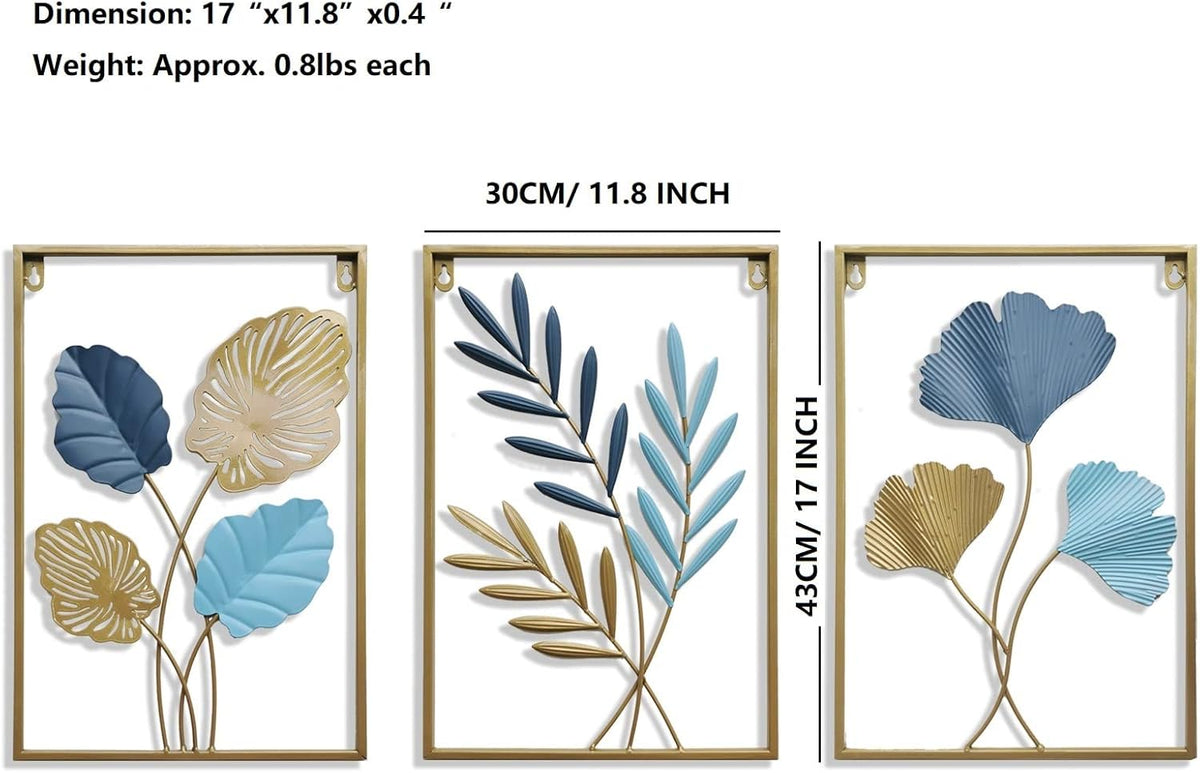 MKUN Iron Wall Sculptures - Large Set of 3 rectanglar Metal Wall Decor with Ginkgo Biloba Art Great for Home Hotel Decoration (Gold Blue)
