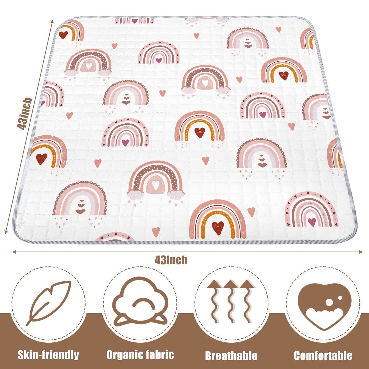 Funtery 43 x 43 Inch Boho Baby Play Mat Portable Crawling Washable Foldable Tummy Time Non Slip Baby Floor Large Playpen Mat for Infants Toddlers Floor Playpen Activity(Boho Rainbow)
