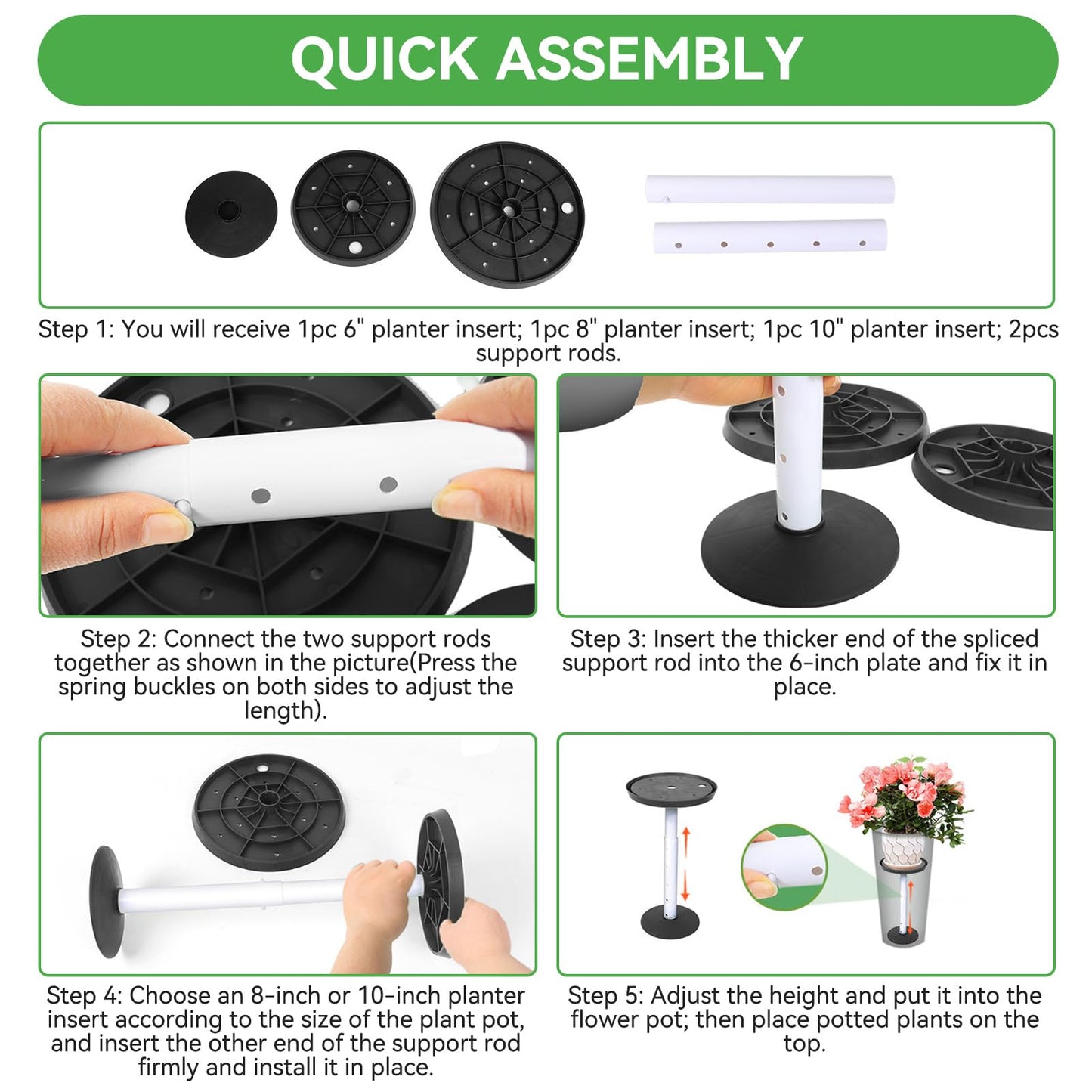 Gsycle 2 Sets Height Adjustable Riser for Plants, Plastic Planter Inserts Plant Pot Filler with Drainage Holes for Indoor Outdoor, Adjustable Pot Riser 11-17 inch for Large Container, Black