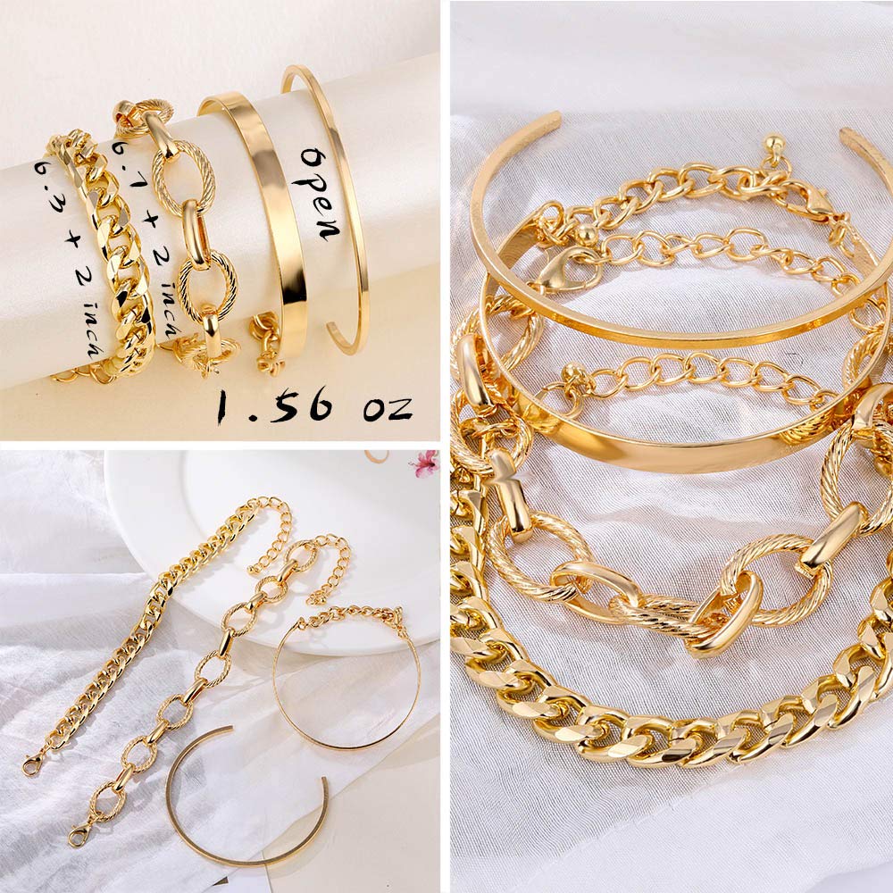 IFKM 6 PACK (24 PCS) Boho Gold Chain Bracelets Set for Women, 14K Gold Plated Multiple Layered Stackable Open Cuff Wrap Adjustable Link Italian Cuban Jewelry Gift