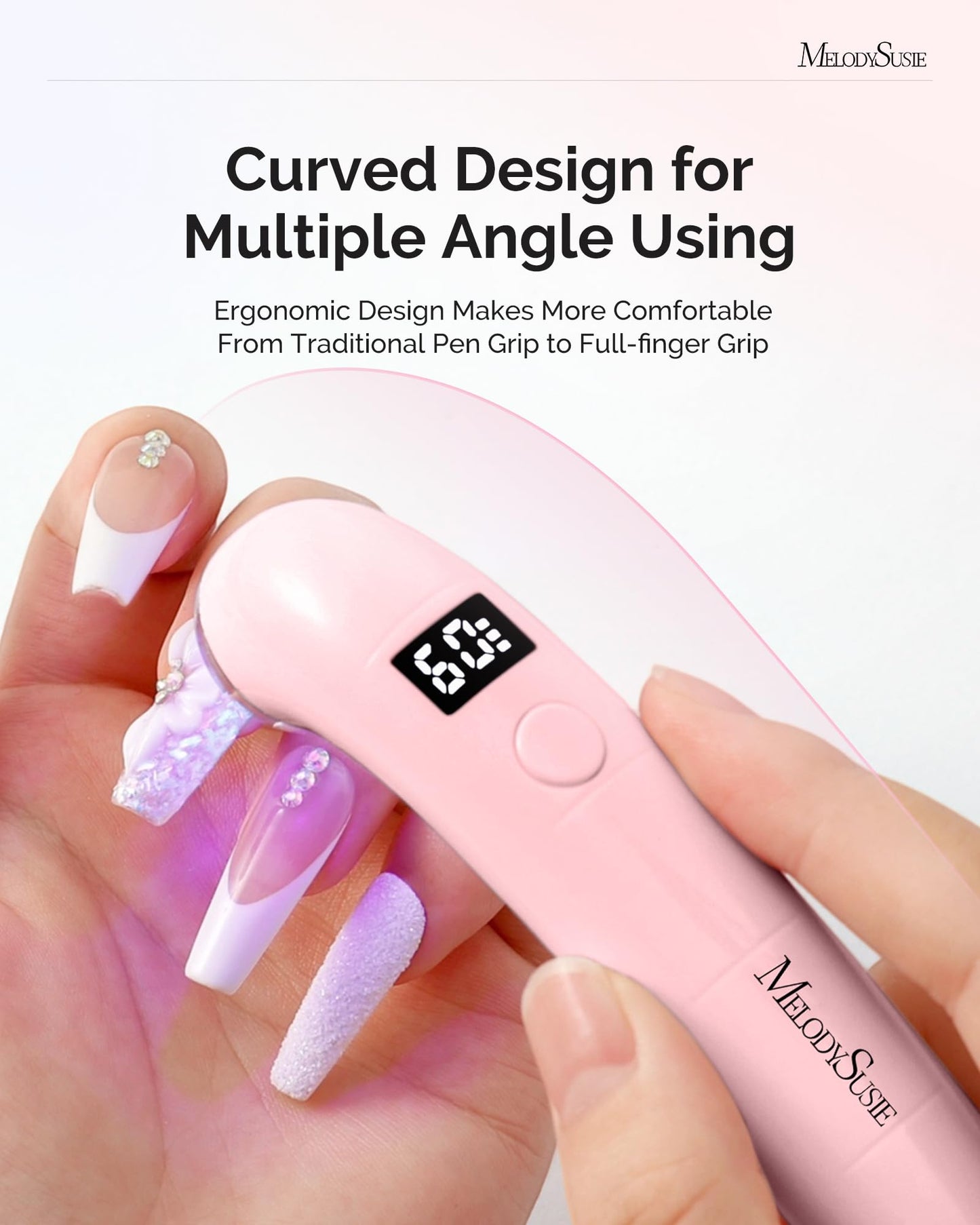 MelodySusie Ergonomic Handheld Cordless UV Nail Lamp with LCD Display & 2 Timers, P-Art01A Rechargeable Mini UV LED Light Flash Cures All Soft Gels, Especially Rhinestone Glue & Liner Gel Pink