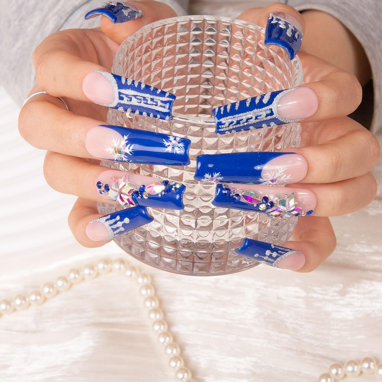 LOVFUL Press on Nails Snow Waltz Blue French Tip| Handmade with Full Covered Crystals | Reusable Fake Nails | Square Mid Length 1.7 in | H140-S