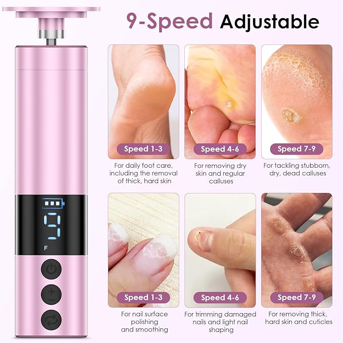 COSCOSY Electric Callus Remover for Feet, Professional 9-Speed Adjustable Foot File Portable 2-in-1 Dead Skin Exfoliator & Nail Grinder Kit USB-C Rechargeable Lightweight for Home Pedicure (Pink)