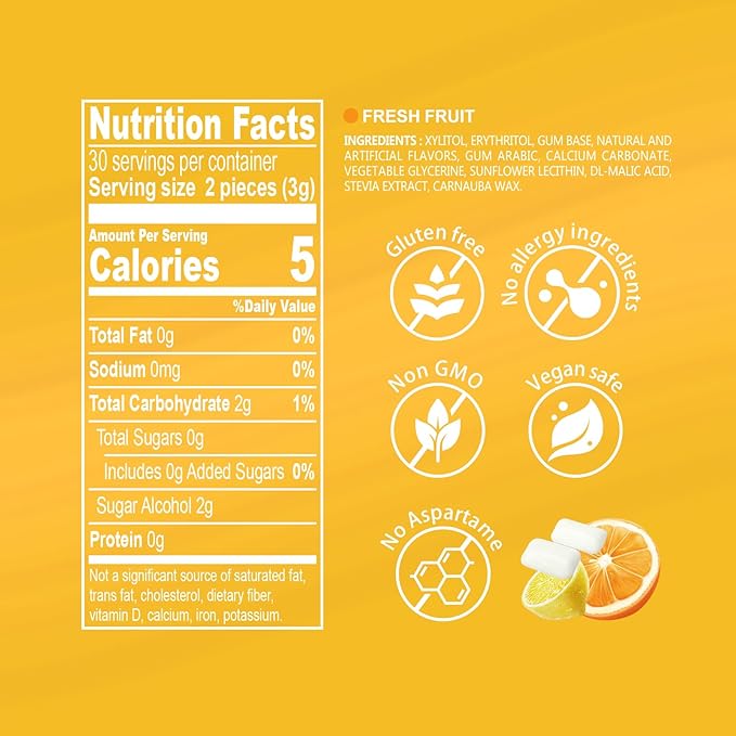 DC24 DAILY CARE Gum, Aspartame Free & Sugar Free, Xylitol Chewing Gum with Erythritol, Low-Calorie, Sugarless, Fresh Fruit Flavored Gum, 50 Pieces (Pack of 2)
