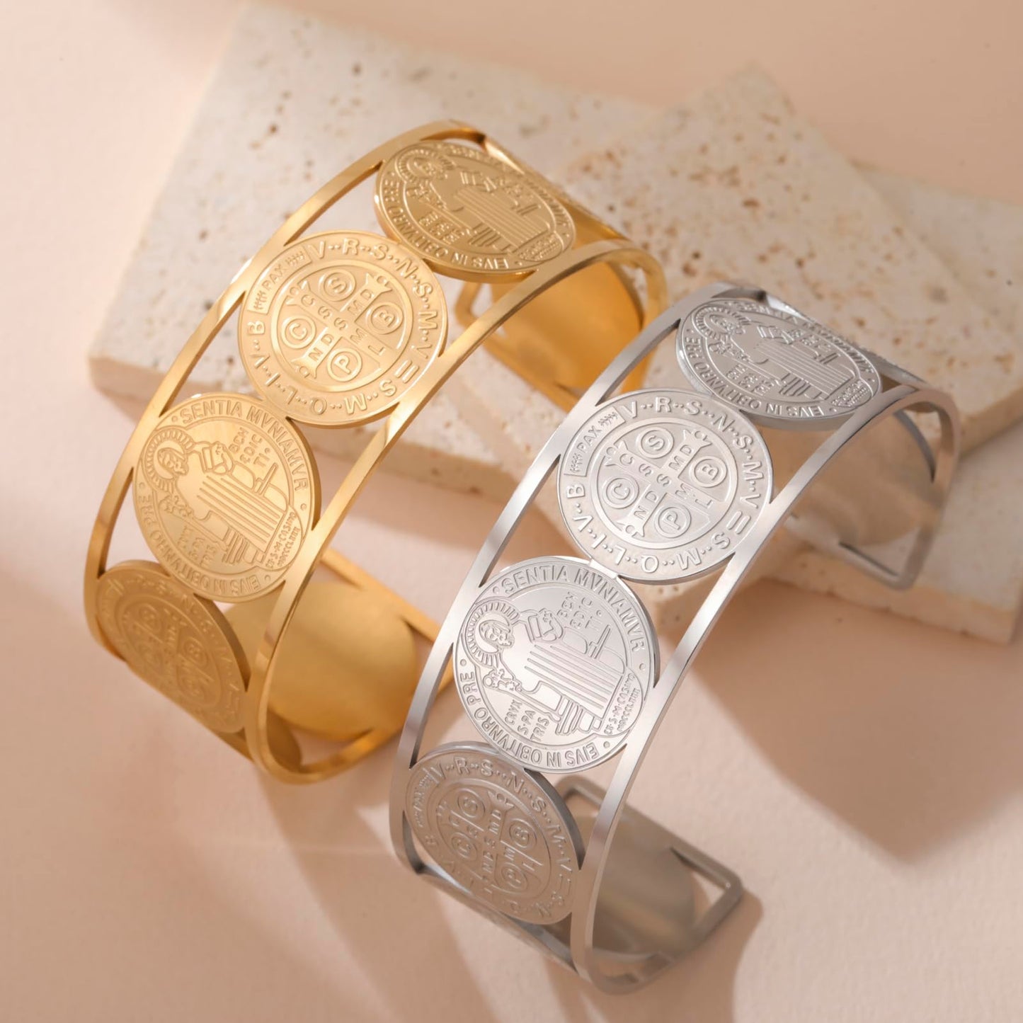 Amaxer Adjustable St. Benedict Open Cuff Bangle Bracelet for Women Men Stainless Steel Religious Jewelry 0.88in Wide (silver)