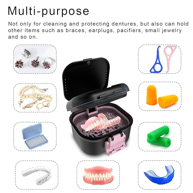 BVN Leakproof Denture Cup, Upgraded Carrying Storage, Denture Bath Box with Filter, Denture Cup for Soaking Dentures, Travel Retainer Cleaning Case (Black+Pink).