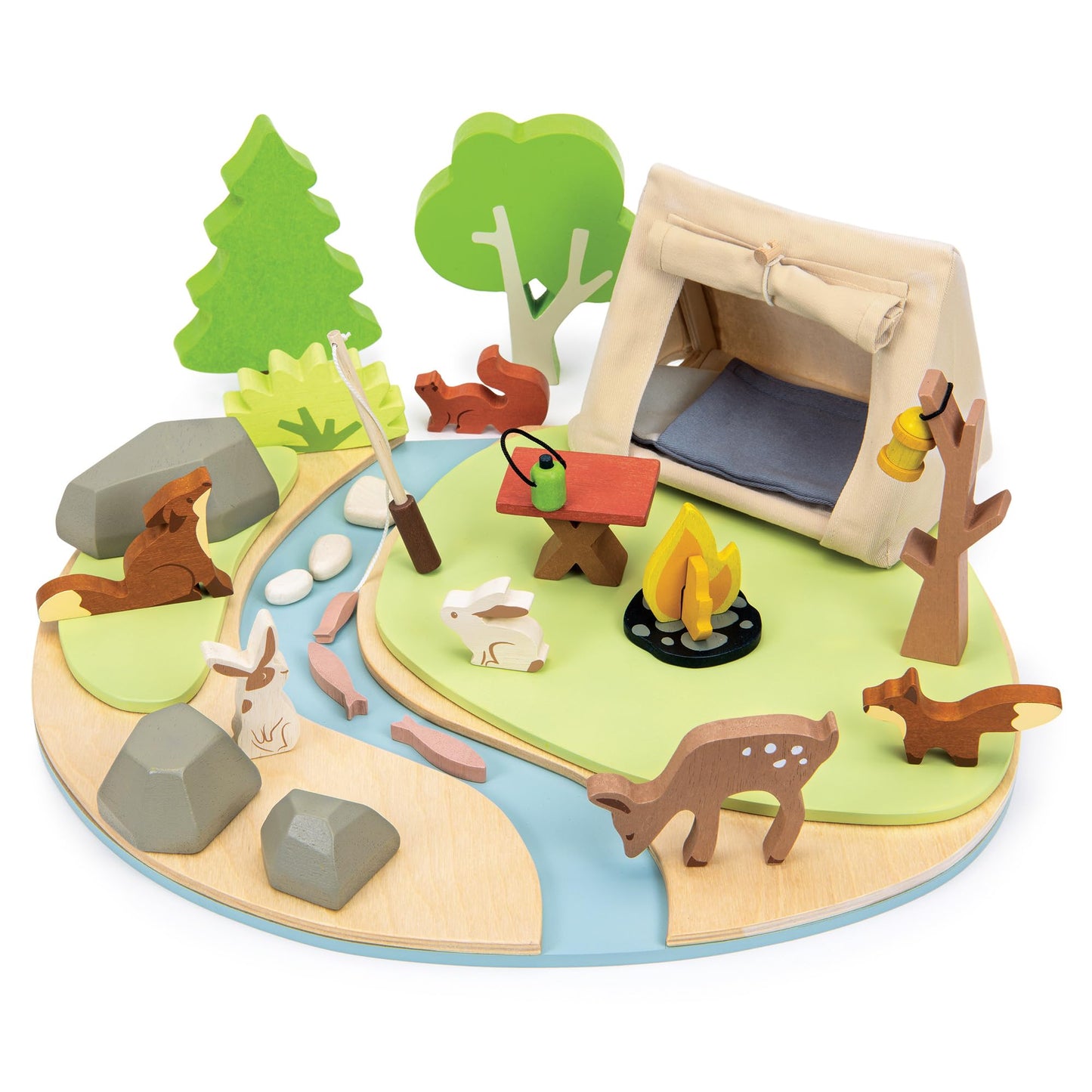 Tender Leaf Toys - Wildlife Camping Playset - Wooden Doll Sized Camping Set with Tent, Campfire, Fishing Rod & Accessories - Imaginative Play Set - Develop Storytelling & Fine Motor Skills - Age 3+