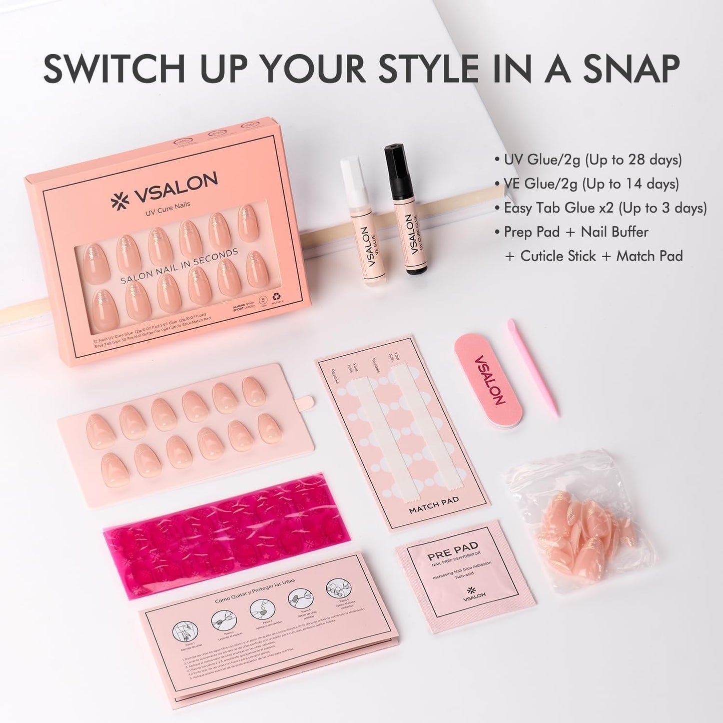 VSALON Almond Short Press On Nails, Light Pink Aurora Finish 3D Sculpted French Tip Nail Kit & Blue Cat Eye Mini Pack