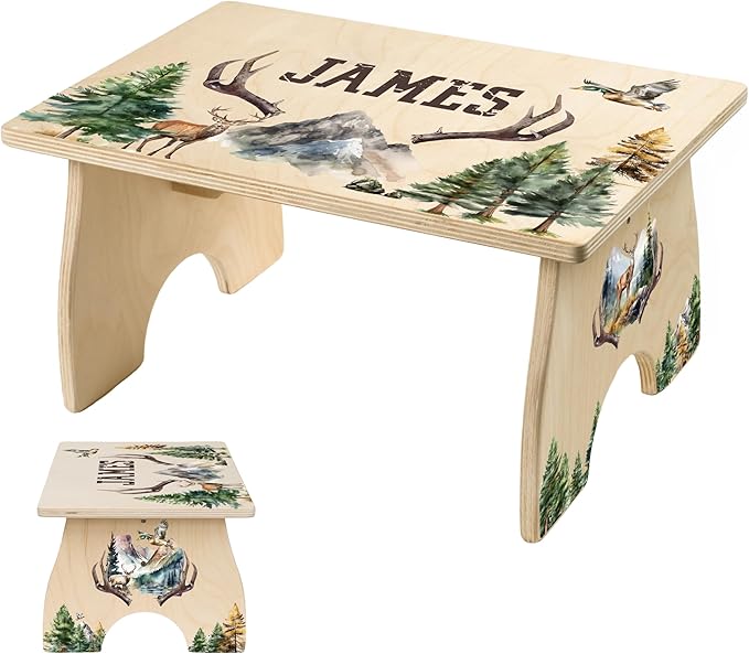 Step Stool for Toddlers- Personalized Wood Kids Step Stool with Name for Kitchen Sink, Bathroom, Potty Training, Toilet, Kitchen Sink- Sturdy and Safe- Made in USA by BloomOwl (Hunting)