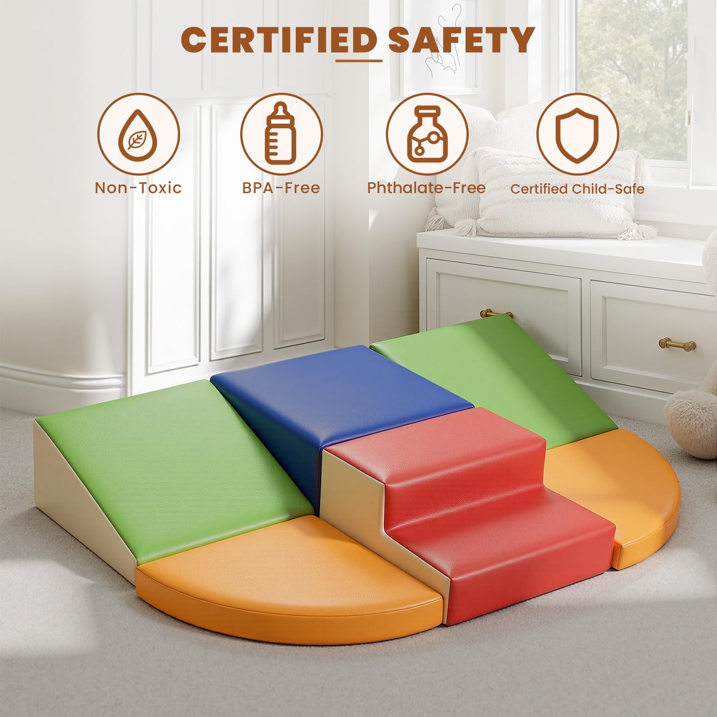 Hoohtoot Foam Climbing Blocks for Toddlers: 6-Piece Soft Play Set - PU Leather Climbing and Crawling Toys - Indoor Baby Learning Gym - Kids Play Structure for Birthday Gift