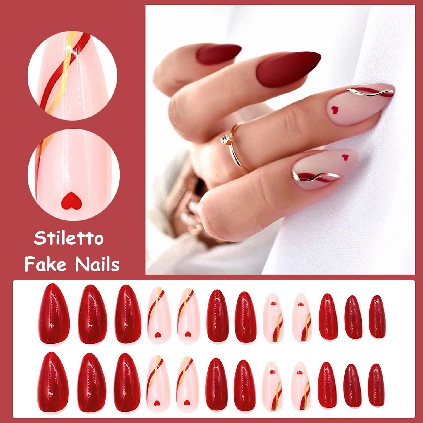 MISUD Press on Nails - Medium Almond Fake Nails with Red Heart, Acrylic Gold Line Design 24 pcs
