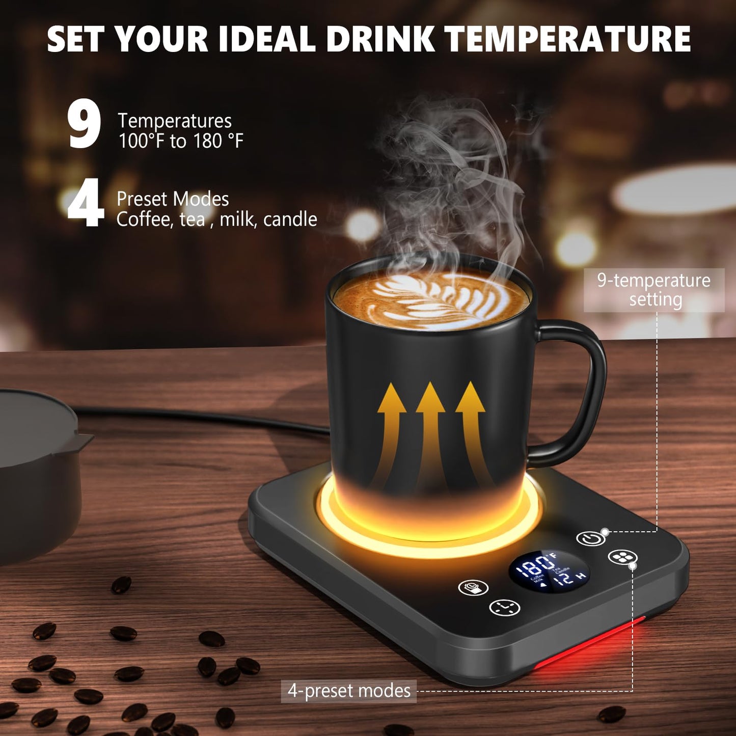 Mug Warmer - Coffee Cup Warmer for Desk with Auto Shut Off, Timer, 10 Temperature Settings, Coffee Warmer Plate, Ideal Office & Home Gift (Black)